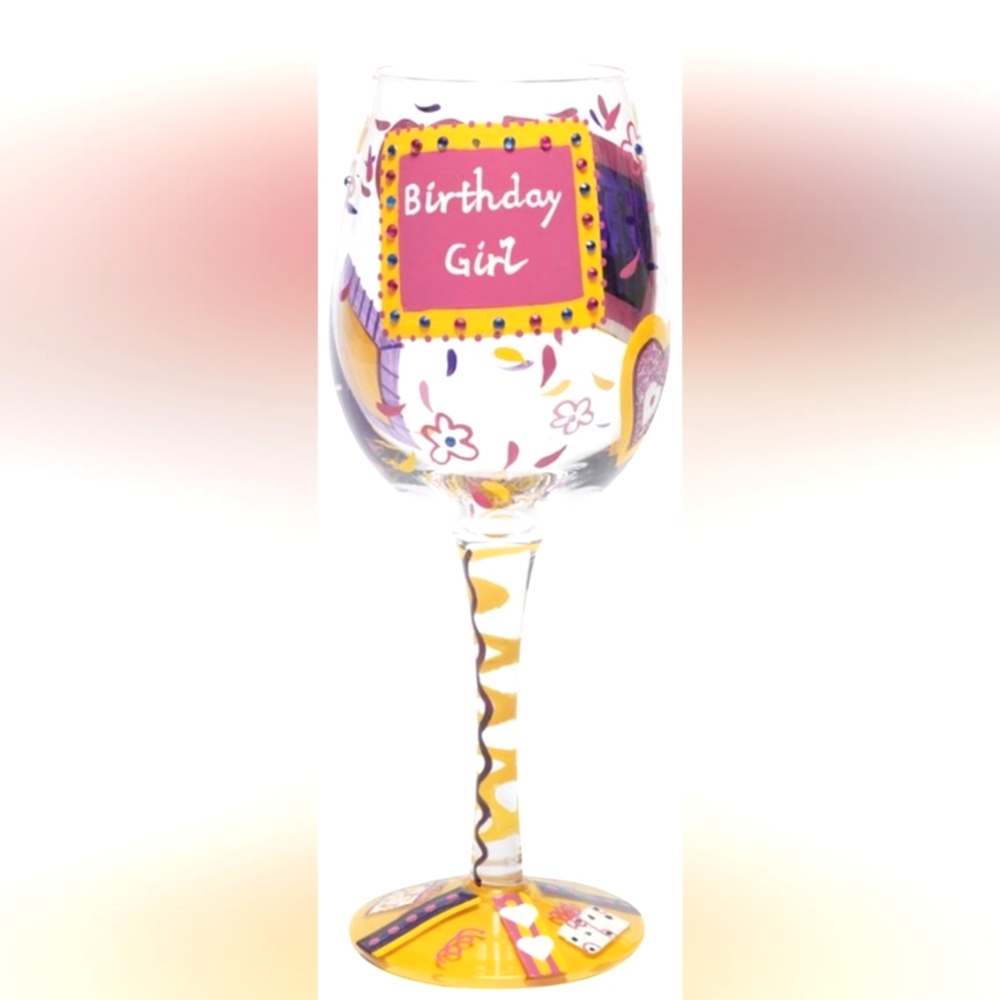 Nwt Lolita Happy Birthday Bling Wine Glass  Artisan Painted Gift Box Case